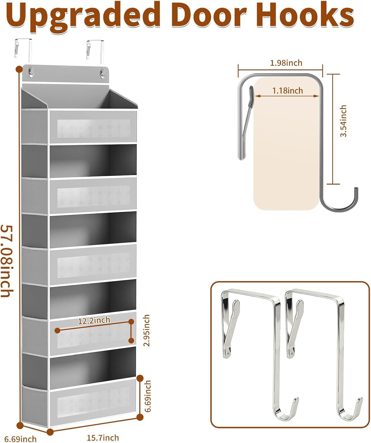 5-Tier Over-the-Door Organizer – 5 Large Baskets & 10 Side Pockets, 44-Lb Storage Capacity, Grey