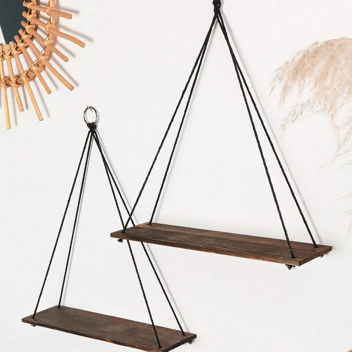 Bohemian Floating Wall Shelf – Handwoven Paper Towel Holder & Wooden Storage Rack