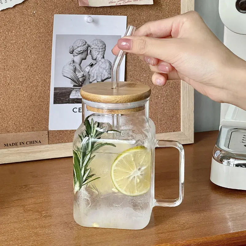 Borosilicate Transparent Glass Square Cup with Lid and Straw for Drinks Drinkware Stylish Sturdy