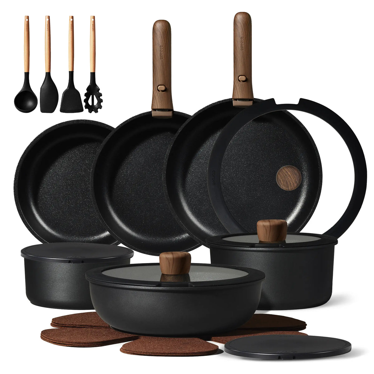 [Official] CAROTE Nonstick Pots & Pans Set – 19/22/26-Piece Options, Wooden Detachable Handle, Space-Saving Cookware