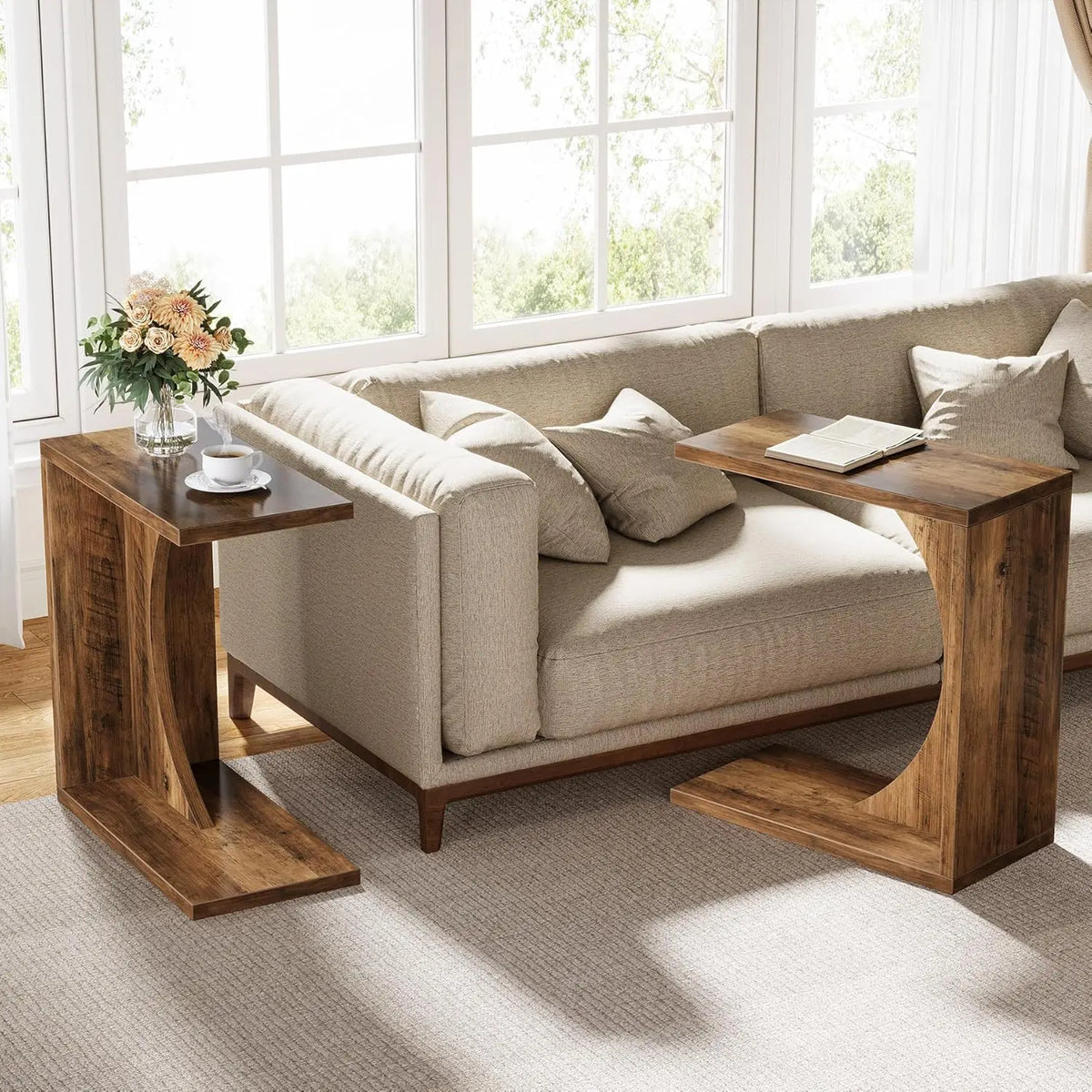 LITTLE TREE C-Shaped End Table – Rustic Brown Sofa Side Table & Over-Couch Tray