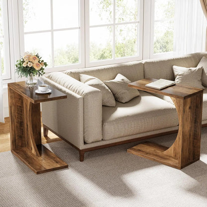 LITTLE TREE C-Shaped End Table – Rustic Brown Sofa Side Table & Over-Couch Tray