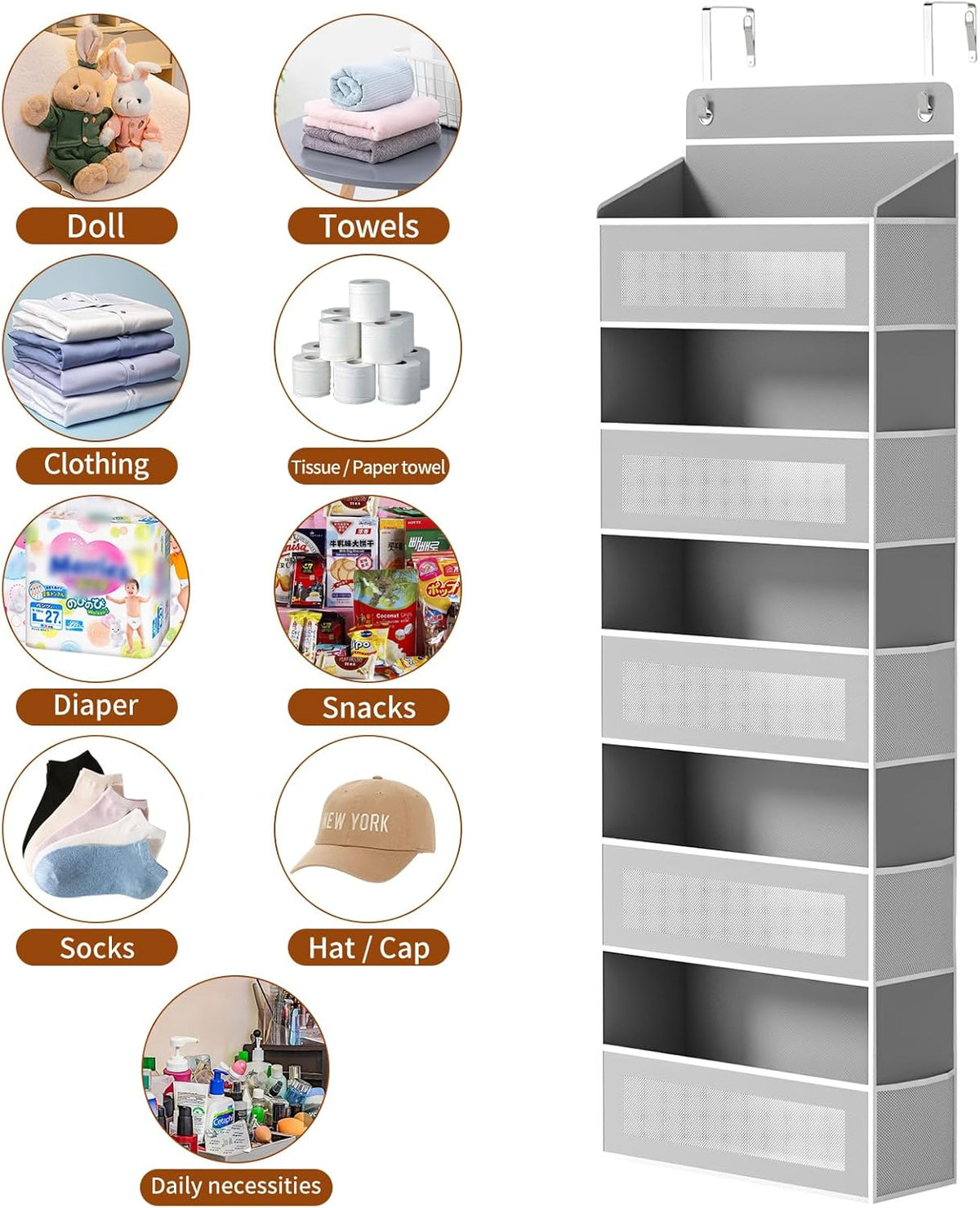 5-Tier Over-the-Door Organizer – 5 Large Baskets & 10 Side Pockets, 44-Lb Storage Capacity, Grey