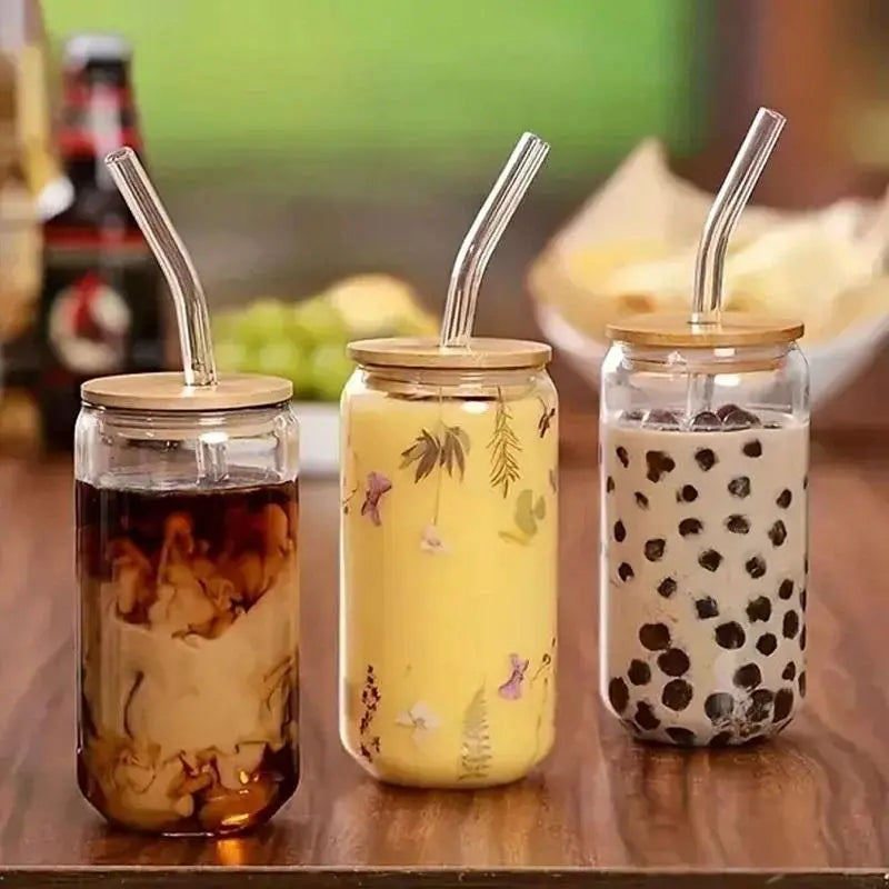 Glass Can-Shaped Cup Set – Clear Tumbler with Lid, Straw & Cleaning Brush