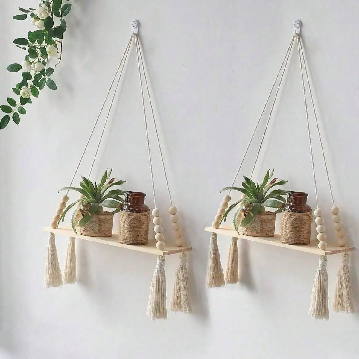 Bohemian Floating Wall Shelf – Handwoven Paper Towel Holder & Wooden Storage Rack