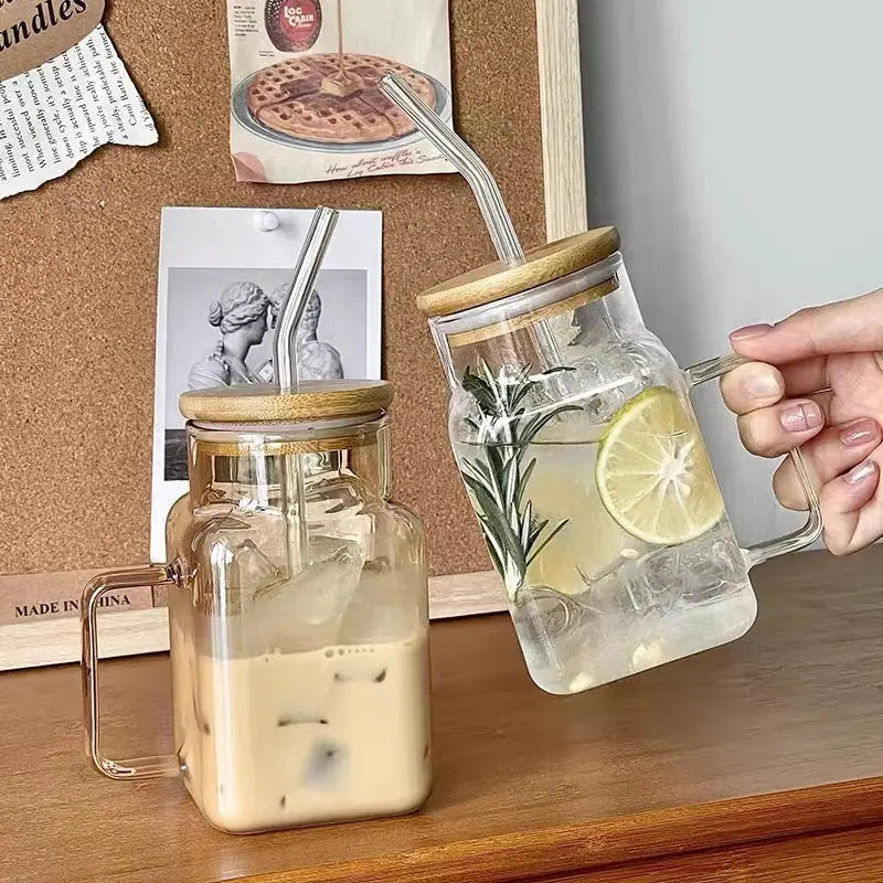 Borosilicate Transparent Glass Square Cup with Lid and Straw for Drinks Drinkware Stylish Sturdy