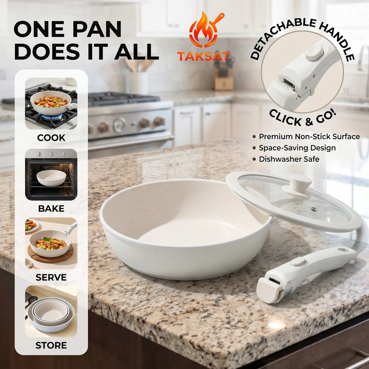 19-Piece Nonstick Cookware Set – Detachable Handle & 4-in-1 Multi-Use Pan