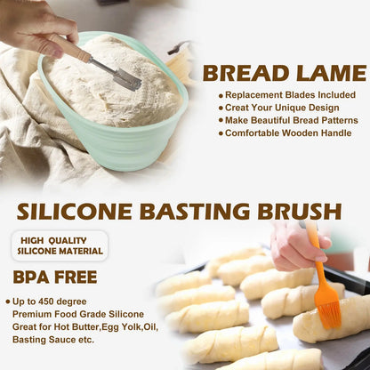 Silicone Bread Basket Set – Round & Oval Sourdough Proofing Baskets with Baking Tools