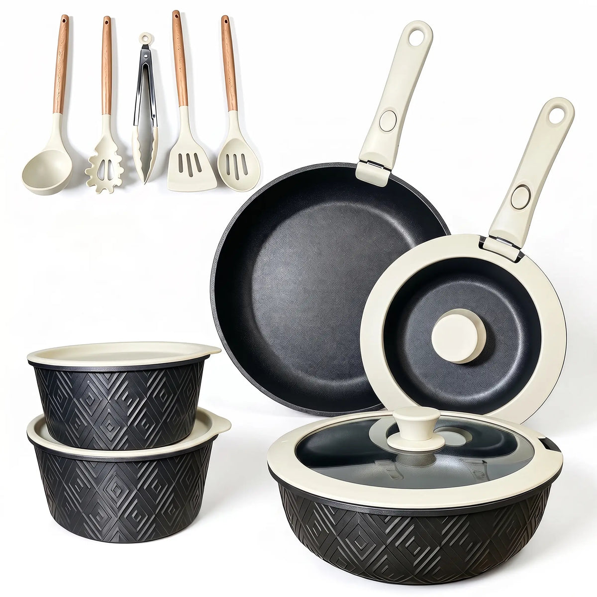 19-Piece Nonstick Cookware Set – Detachable Handle & 4-in-1 Multi-Use Pan