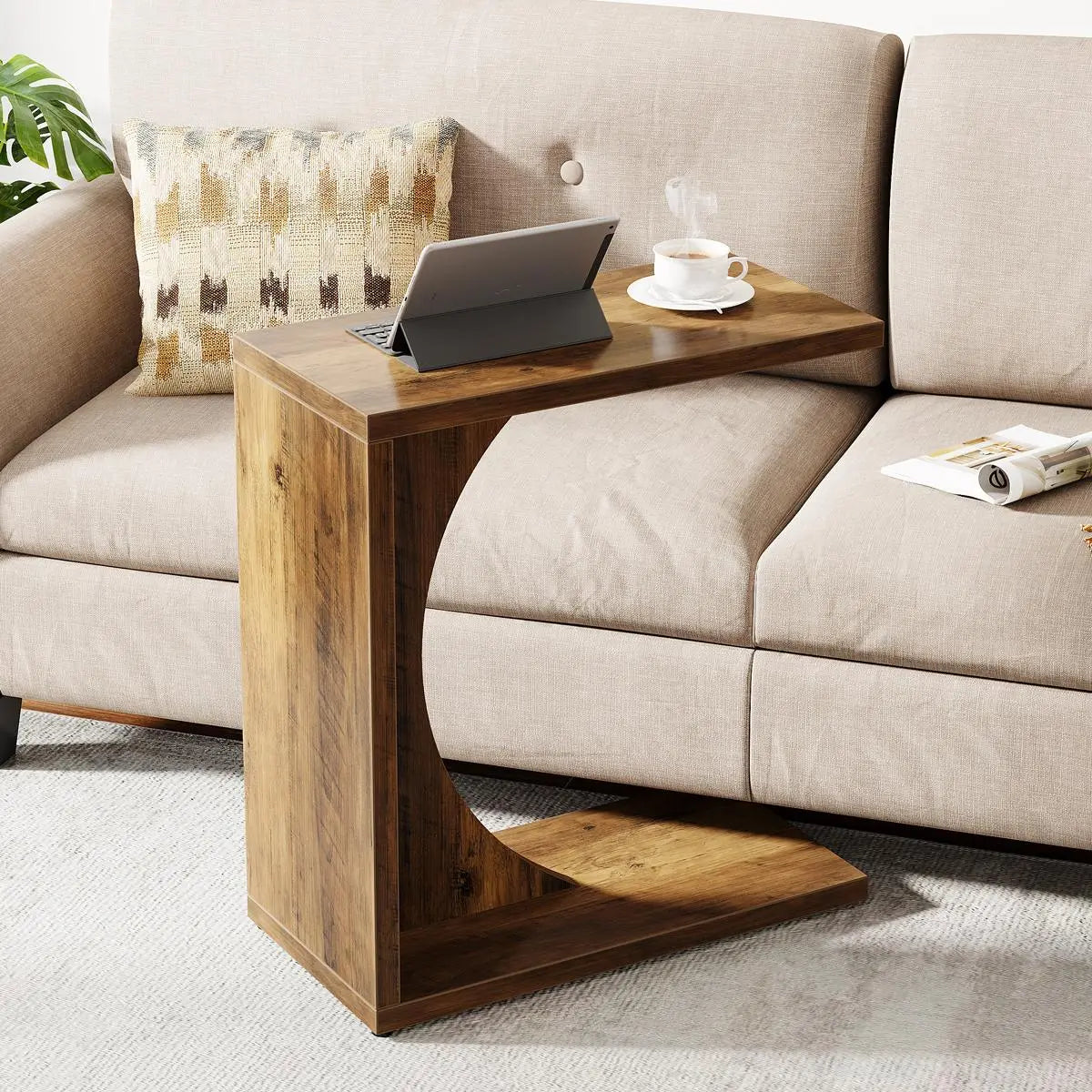 LITTLE TREE C-Shaped End Table – Rustic Brown Sofa Side Table & Over-Couch Tray