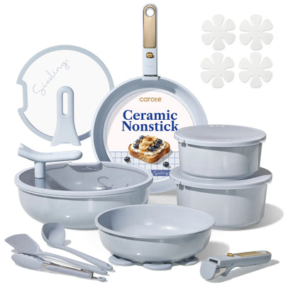 [Official] CAROTE 20-Piece Nonstick Pots & Pans Set – Ceramic Cookware, Detachable Handle & Stand-Up Lids, Multiple Colors