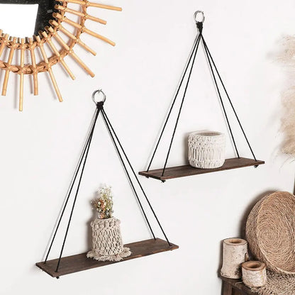 Bohemian Floating Wall Shelf – Handwoven Paper Towel Holder & Wooden Storage Rack