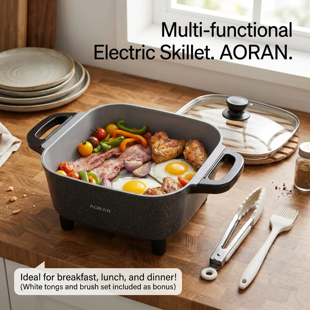 AORAN Ceramic Electric Skillet – Nonstick Deep Frying Pan with Glass Lid & Adjustable Heat