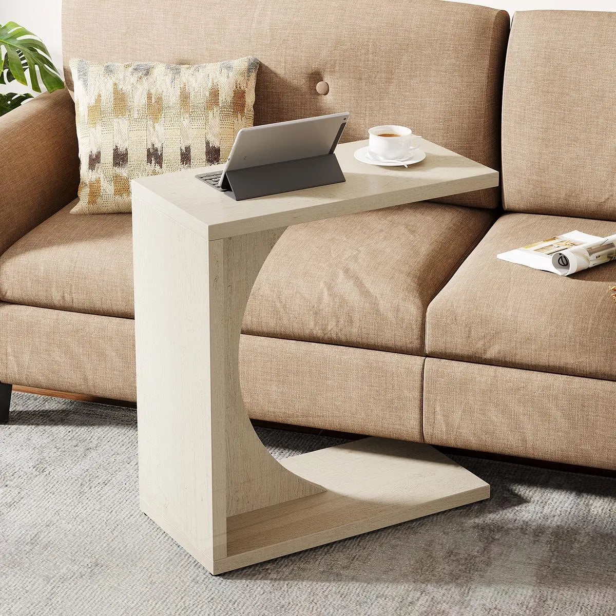 LITTLE TREE C-Shaped End Table – Rustic Brown Sofa Side Table & Over-Couch Tray