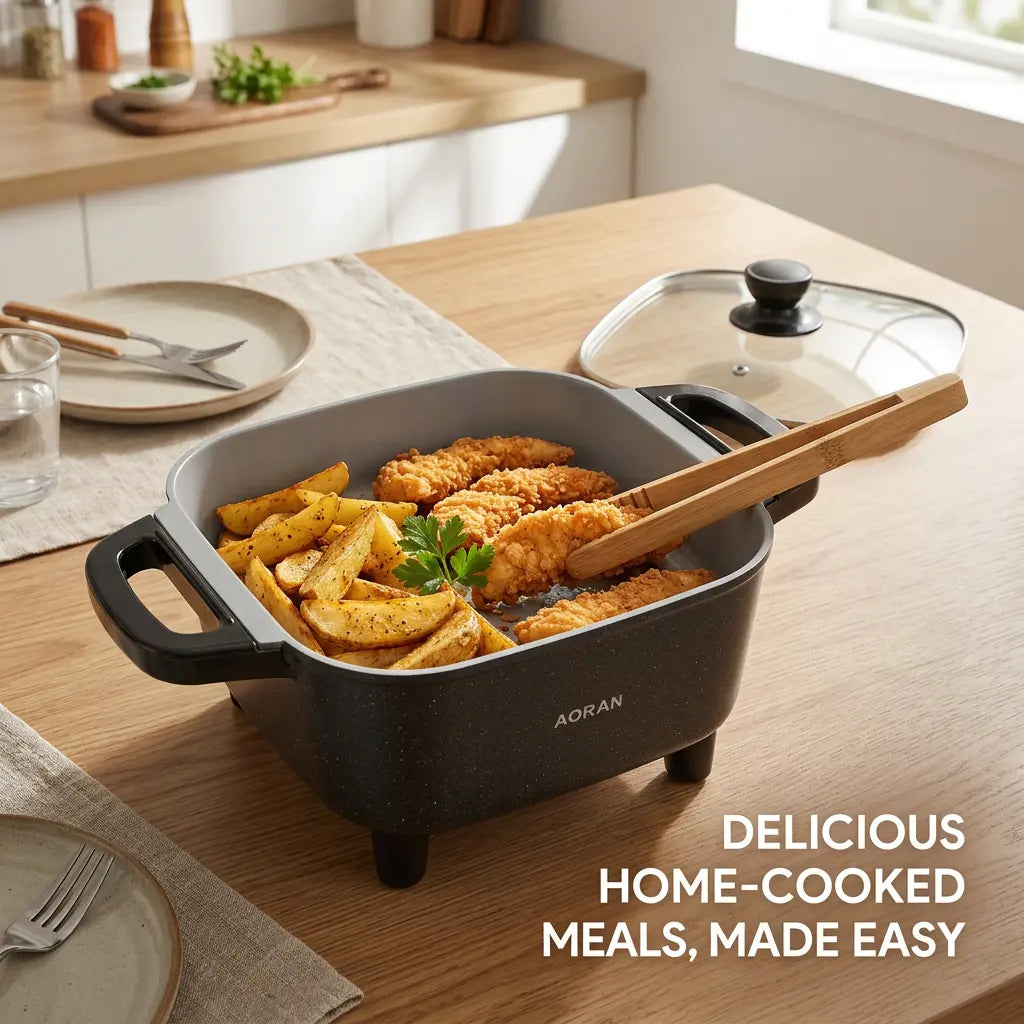 AORAN Ceramic Electric Skillet – Nonstick Deep Frying Pan with Glass Lid & Adjustable Heat