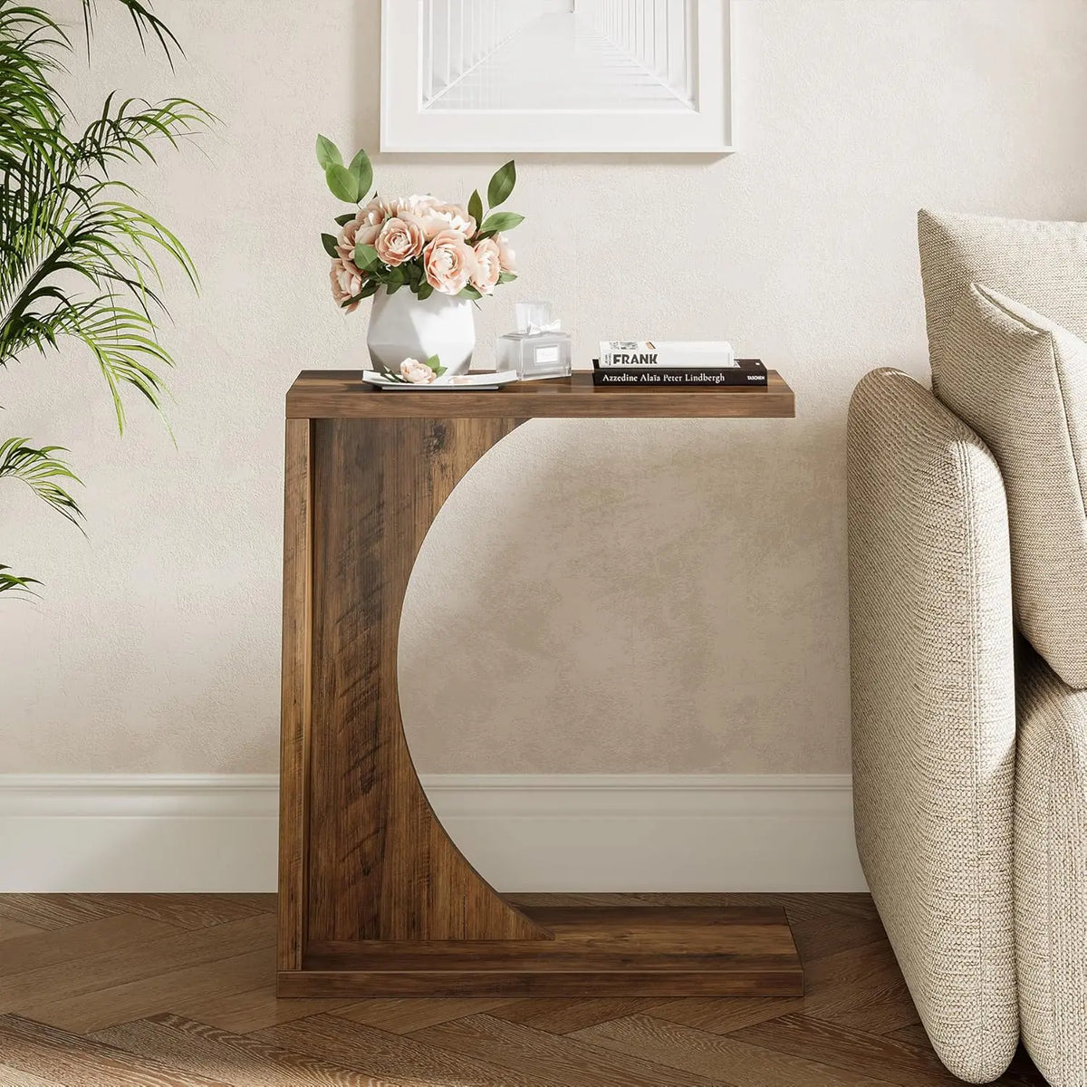 LITTLE TREE C-Shaped End Table – Rustic Brown Sofa Side Table & Over-Couch Tray