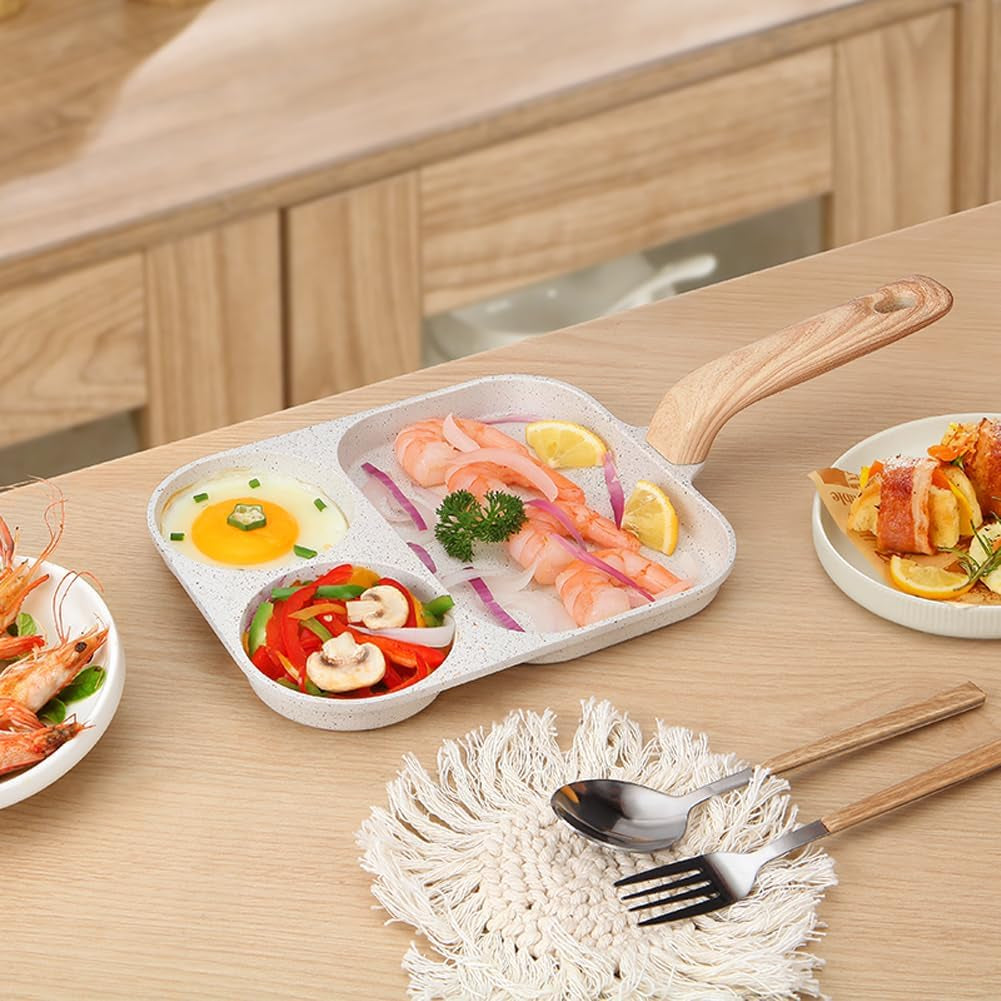 Egg Frying Pan, 3 Section Omelette Pan with Nonstick Coating, Aluminium Alloy, Suitable for Gas and Induction Stove