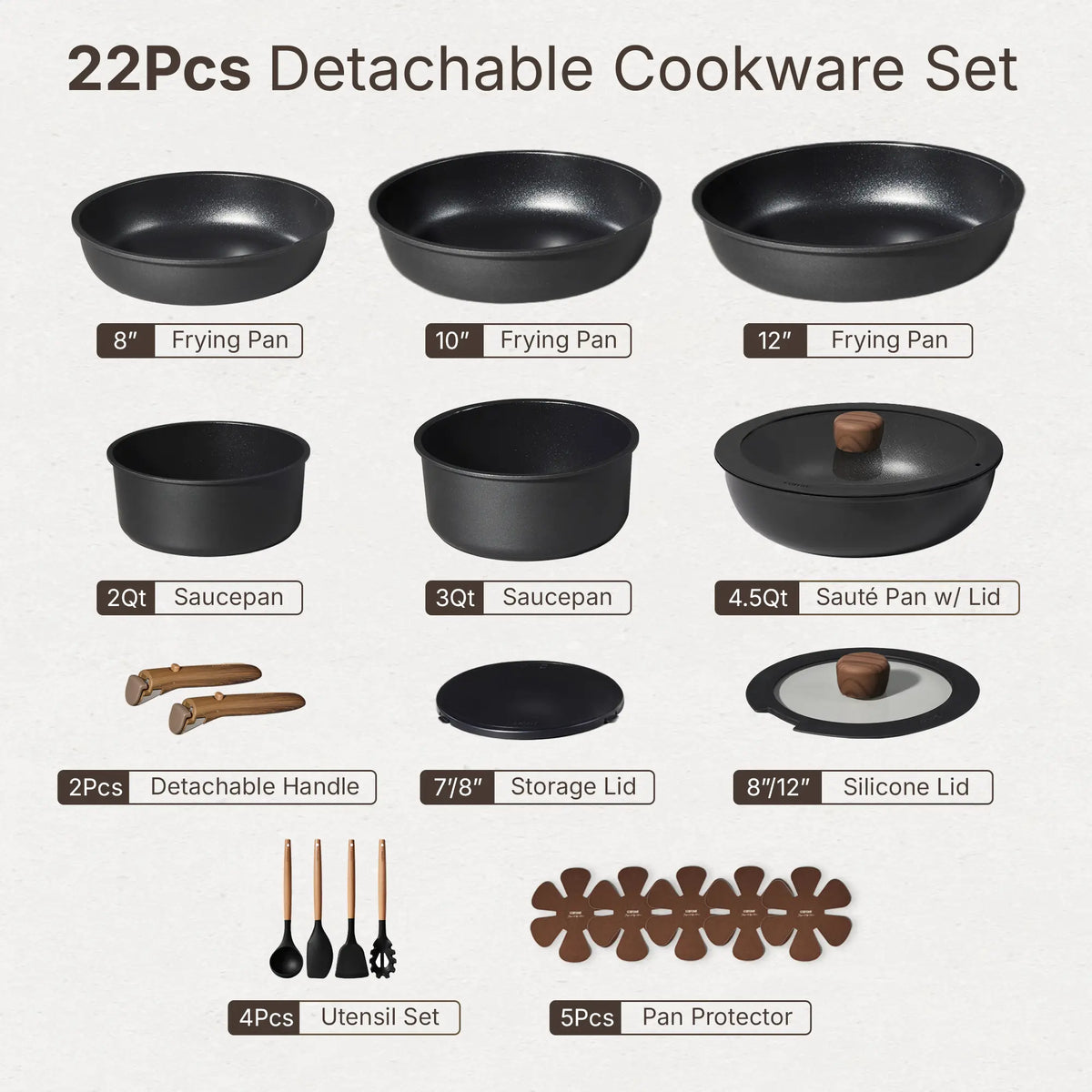 [Official] CAROTE Nonstick Pots & Pans Set – 19/22/26-Piece Options, Wooden Detachable Handle, Space-Saving Cookware