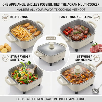 AORAN Ceramic Electric Skillet – Nonstick Deep Frying Pan with Glass Lid & Adjustable Heat