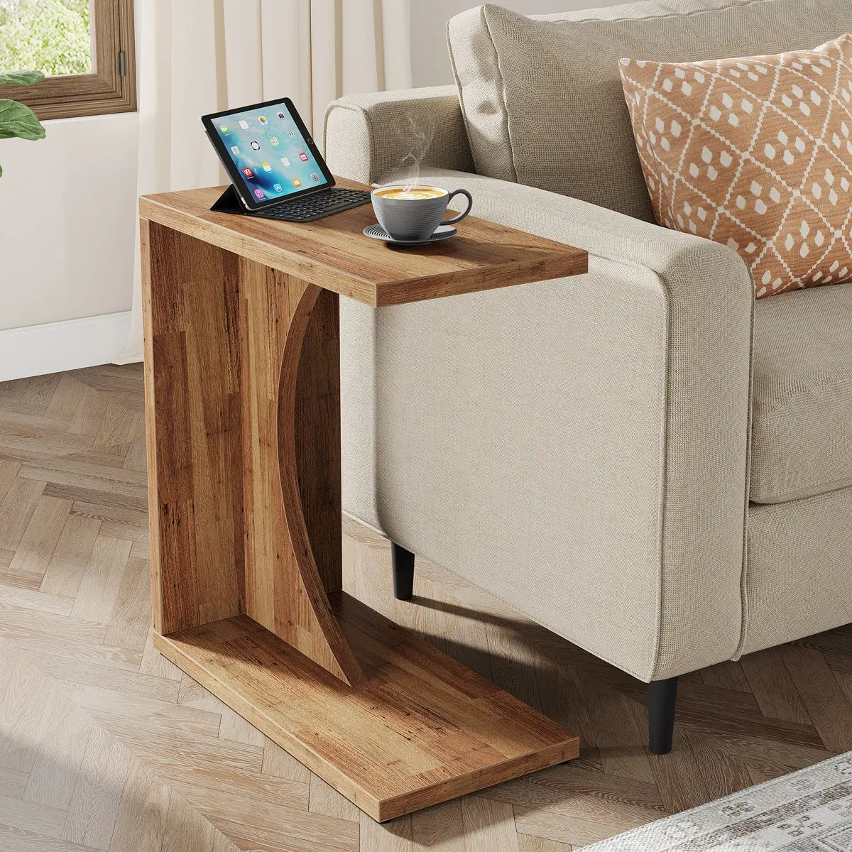 LITTLE TREE C-Shaped End Table – Rustic Brown Sofa Side Table & Over-Couch Tray