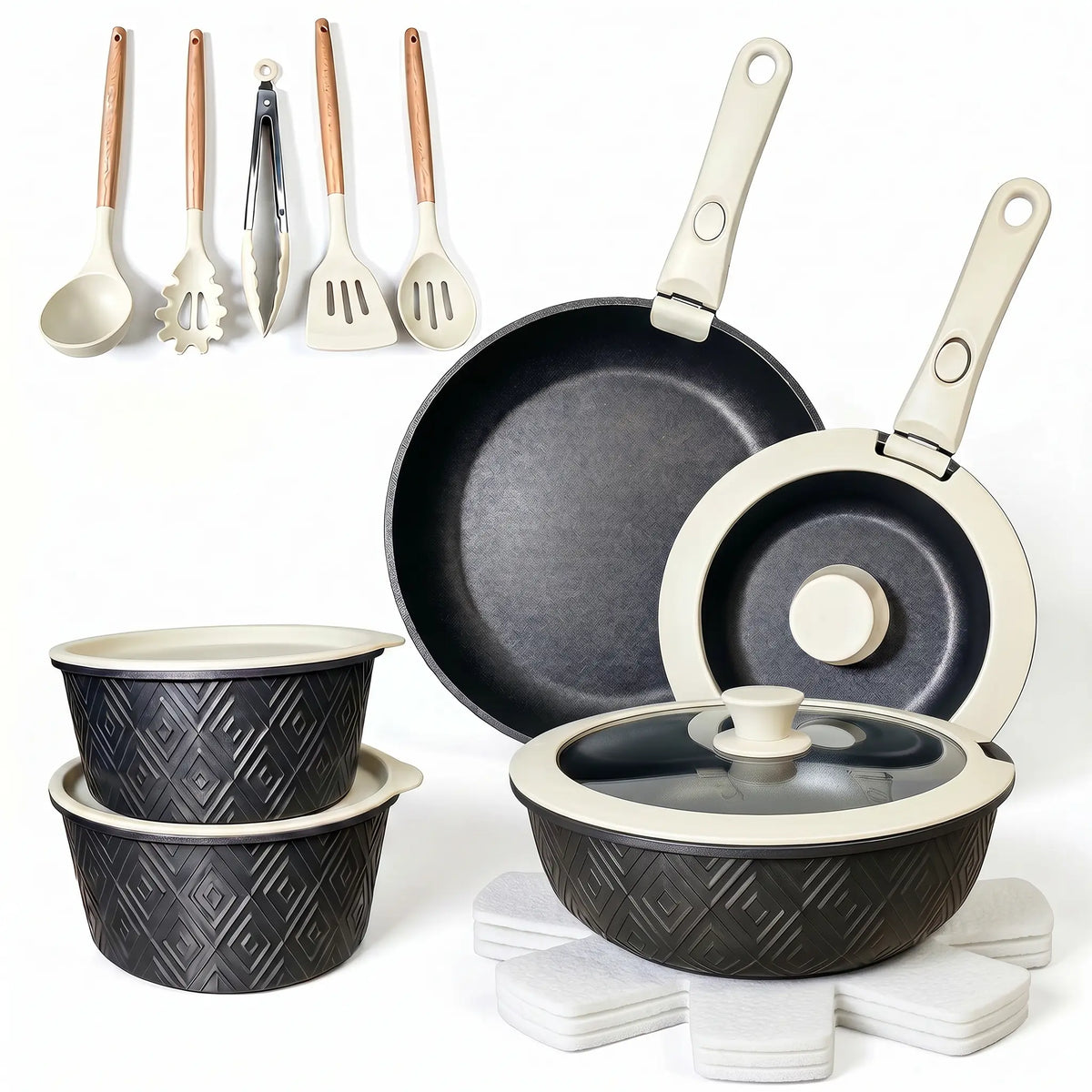 19-Piece Nonstick Cookware Set – Detachable Handle & 4-in-1 Multi-Use Pan