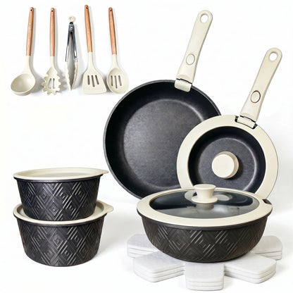 19-Piece Nonstick Cookware Set – Detachable Handle & 4-in-1 Multi-Use Pan