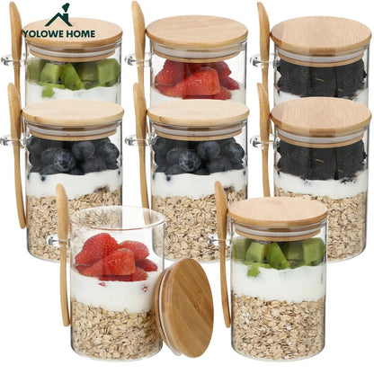Glass Storage Jar with Wooden Lid & Spoon – Airtight Kitchen Container, 1/2/3/4/8 Pack