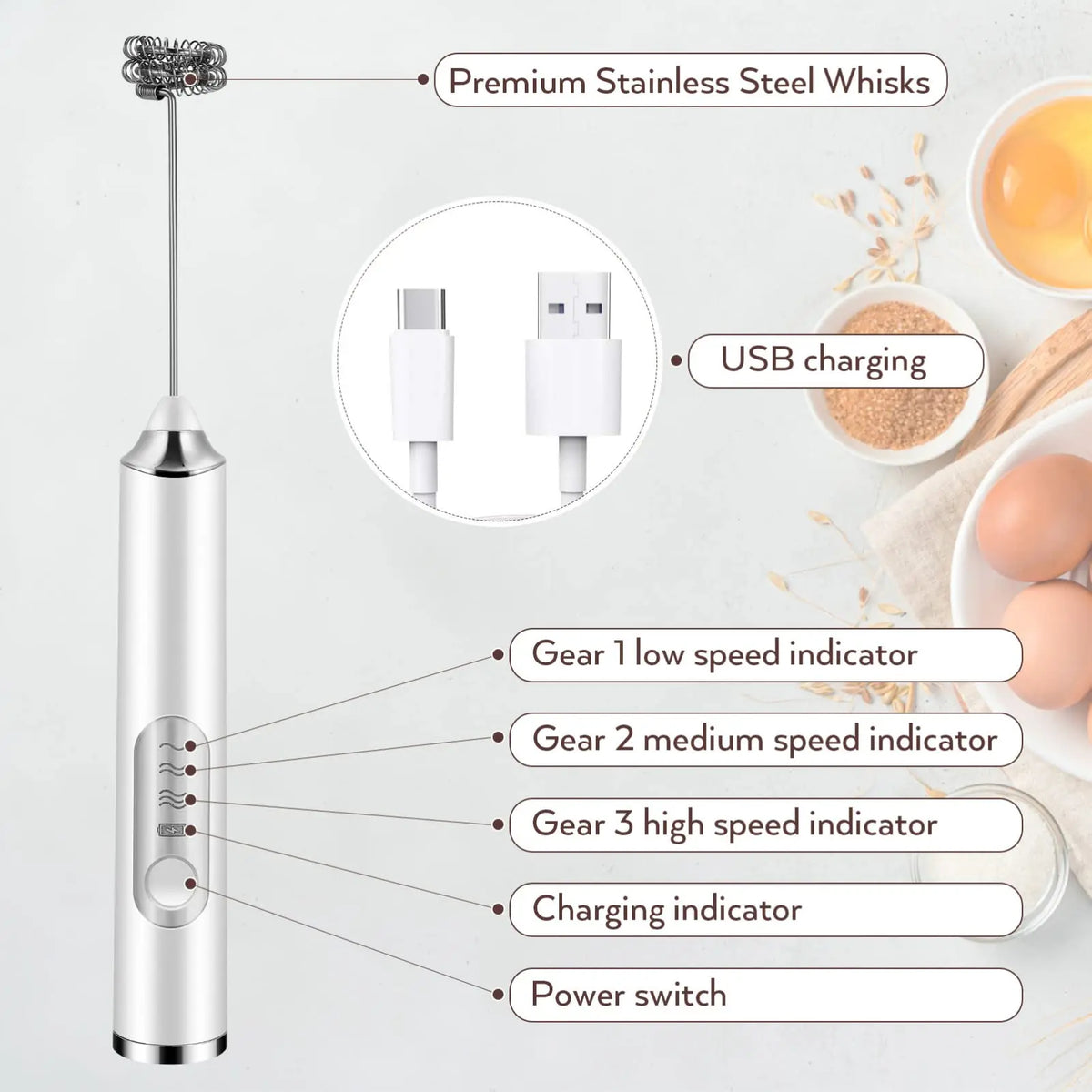 Cordless Milk Frother – 3-Speed, Rechargeable & Self-Cleaning with 3 Whisks