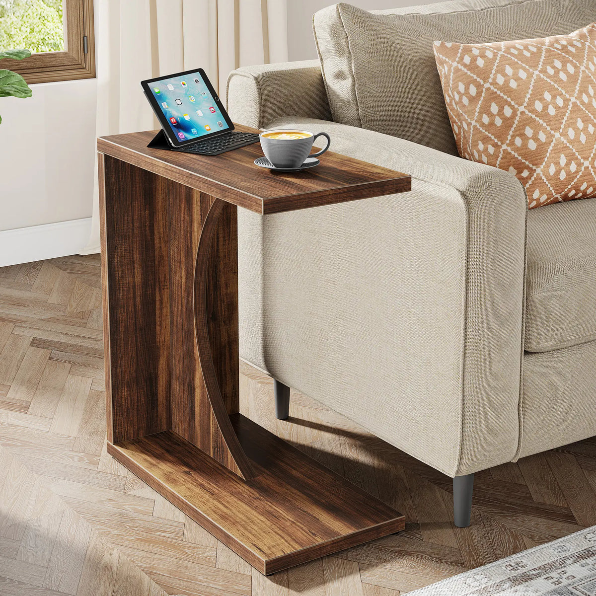 LITTLE TREE C-Shaped End Table – Rustic Brown Sofa Side Table & Over-Couch Tray