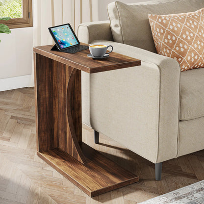 LITTLE TREE C-Shaped End Table – Rustic Brown Sofa Side Table & Over-Couch Tray