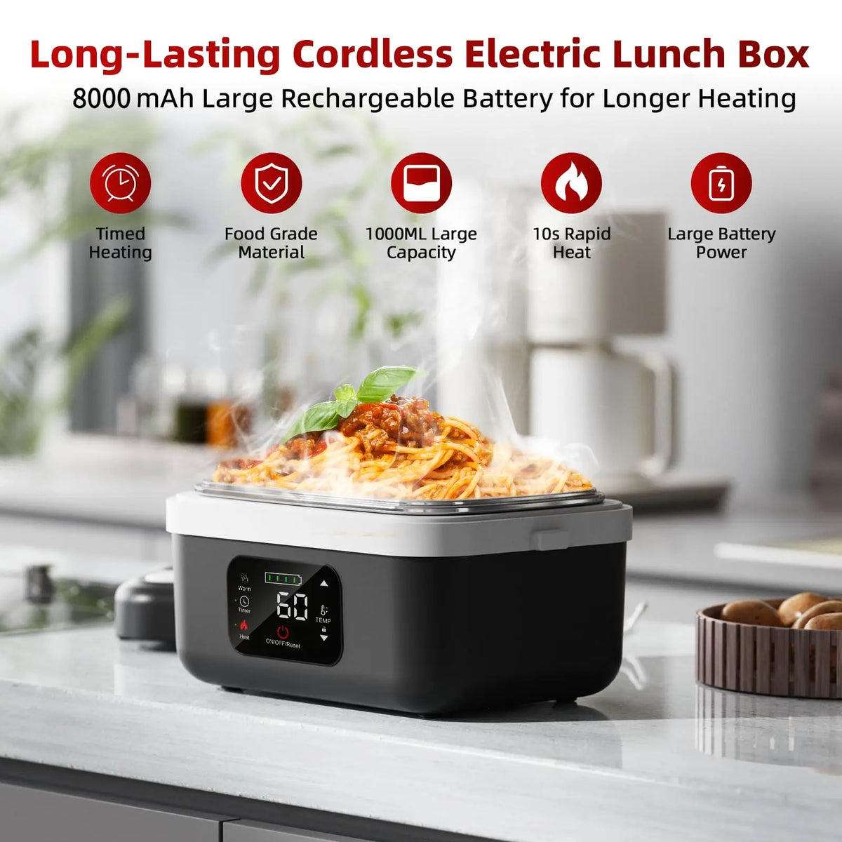 Cordless Self-Heating Electric Lunch Box – Rechargeable, 1L Portable Food Warmer with Timer