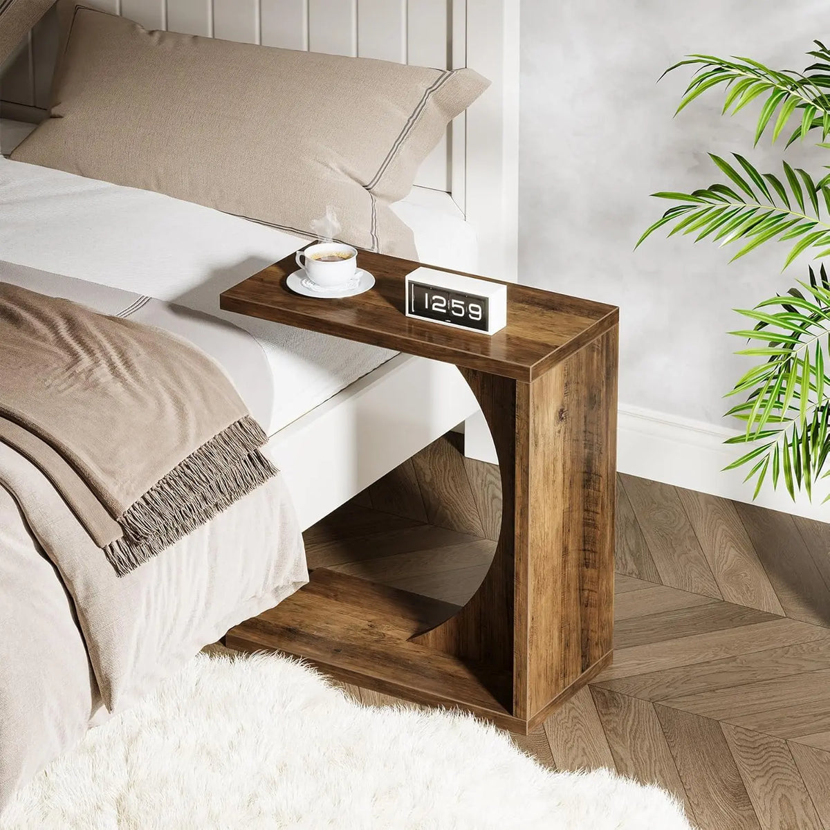LITTLE TREE C-Shaped End Table – Rustic Brown Sofa Side Table & Over-Couch Tray