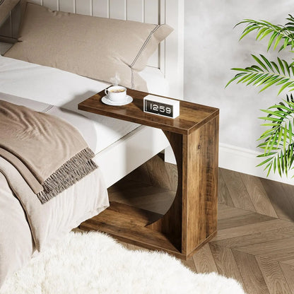 LITTLE TREE C-Shaped End Table – Rustic Brown Sofa Side Table & Over-Couch Tray