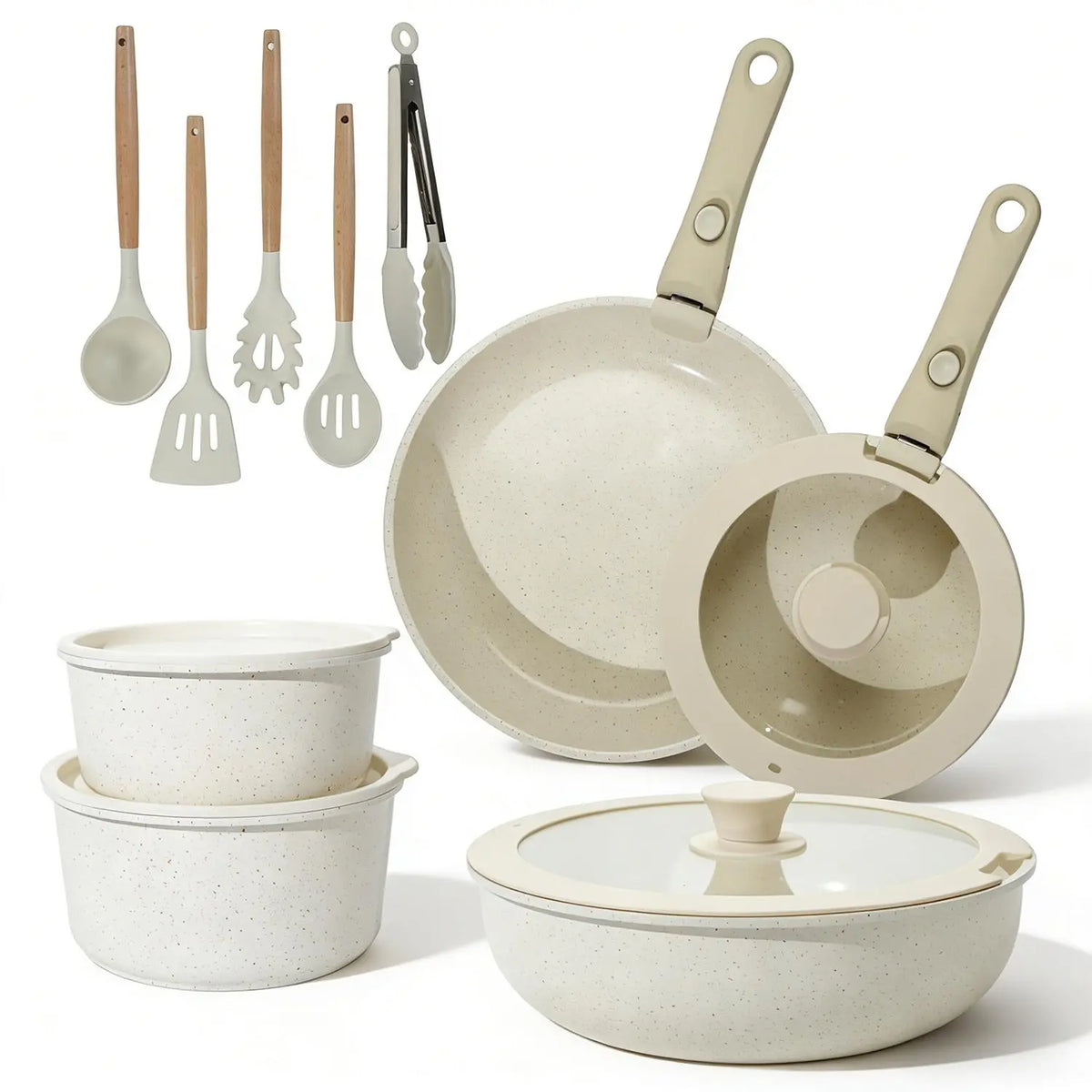 19-Piece Nonstick Cookware Set – Detachable Handle & 4-in-1 Multi-Use Pan