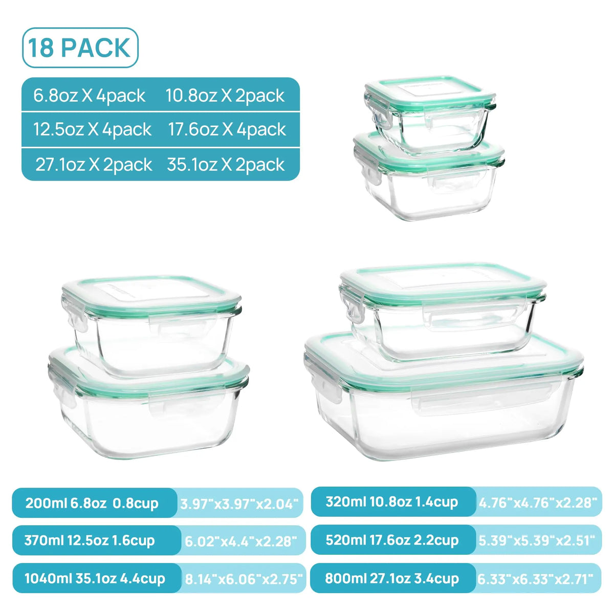 Vtopmart Glass Food Storage Containers – 2/18-Piece Set, Airtight & Leakproof Lids