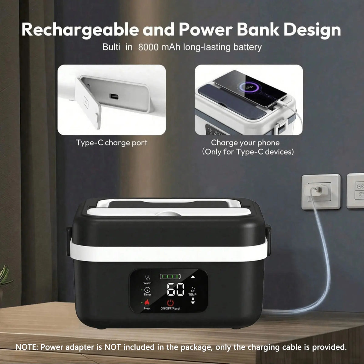 Cordless Self-Heating Electric Lunch Box – Rechargeable, 1L Portable Food Warmer with Timer