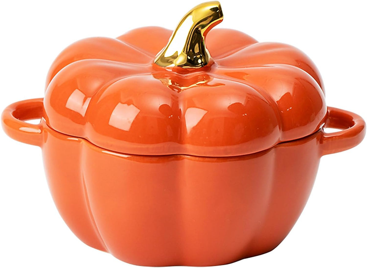 Pumpkin-Shaped Ceramic Dutch Oven – Mini Covered Casserole & Baking Dish with Lid, Orange