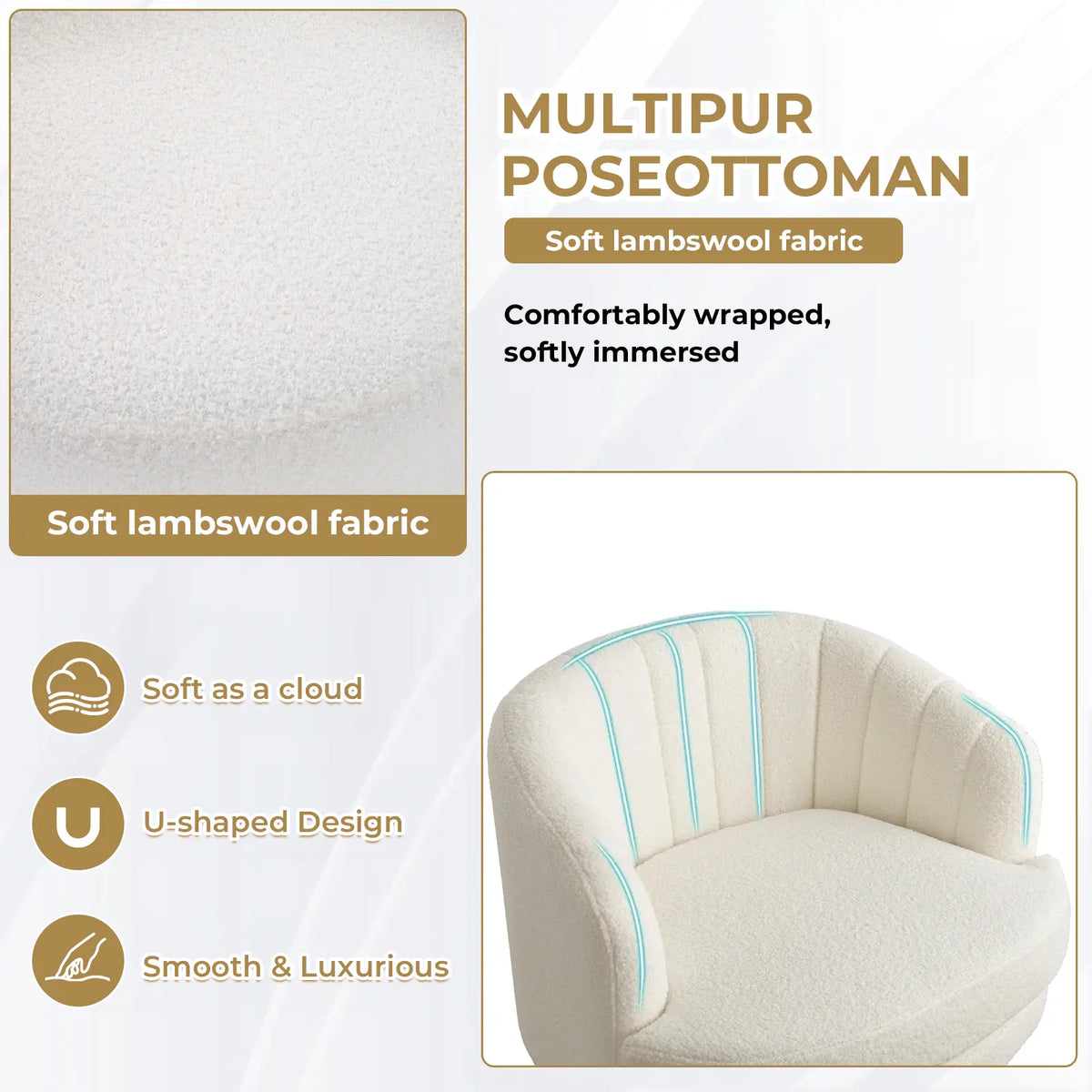 Ebello Lambswool Vanity Chair – 360° Swivel Round Accent Chair