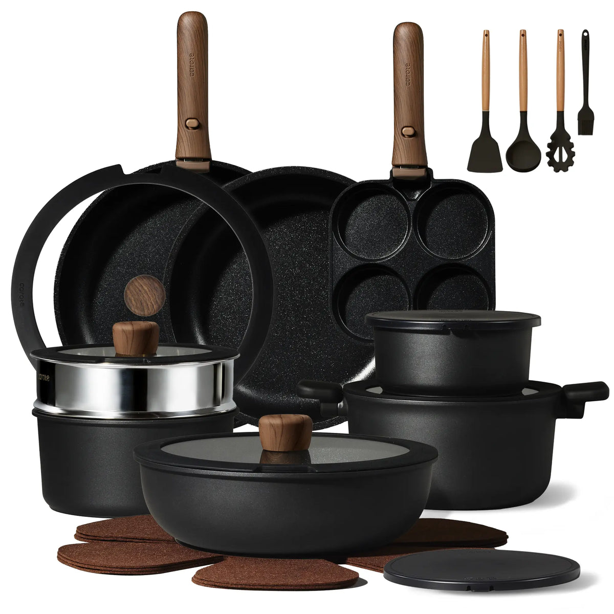 [Official] CAROTE Nonstick Pots & Pans Set – 19/22/26-Piece Options, Wooden Detachable Handle, Space-Saving Cookware