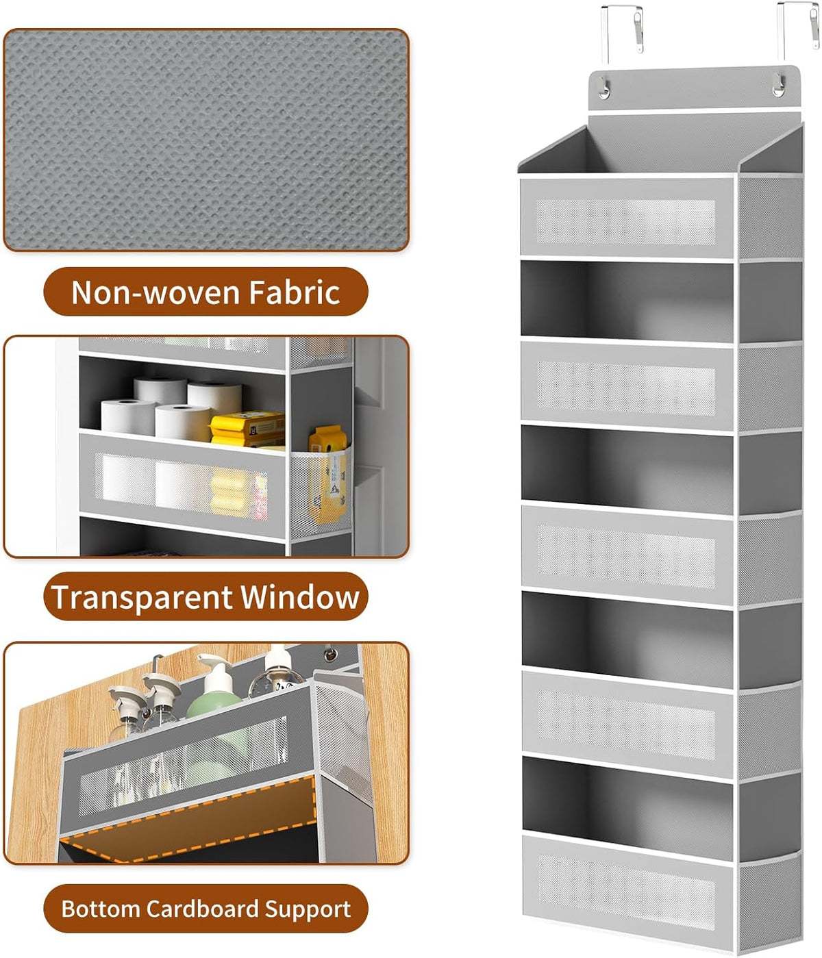 5-Tier Over-the-Door Organizer – 5 Large Baskets & 10 Side Pockets, 44-Lb Storage Capacity, Grey