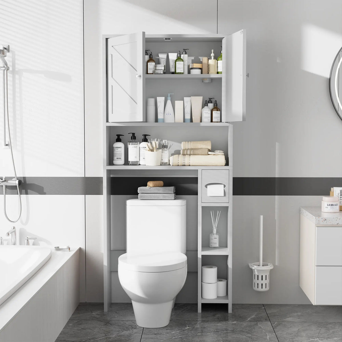 Walsunny Over-the-Toilet Storage Cabinet – Farmhouse Bathroom Organizer with Barn Doors