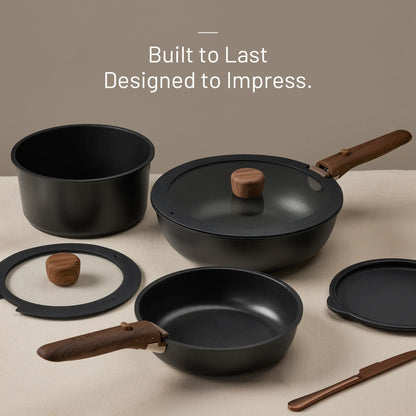 [Official] CAROTE Nonstick Pots & Pans Set – 19/22/26-Piece Options, Wooden Detachable Handle, Space-Saving Cookware