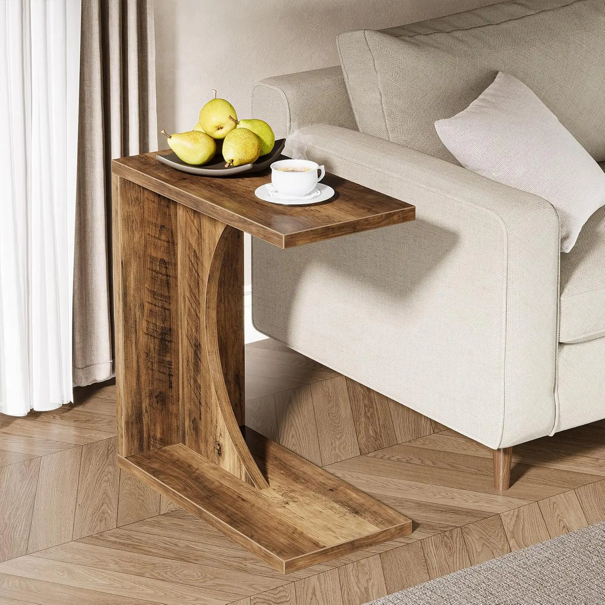 LITTLE TREE C-Shaped End Table – Rustic Brown Sofa Side Table & Over-Couch Tray