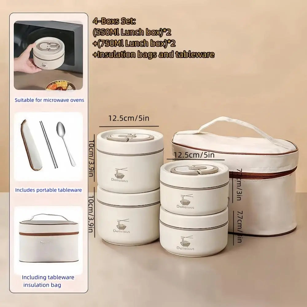 Stainless Steel Lunch Box Set – 3/4-Piece Stackable Containers with Cooler Compartment & Insulated Bag