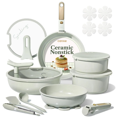 [Official] CAROTE 20-Piece Nonstick Pots & Pans Set – Ceramic Cookware, Detachable Handle & Stand-Up Lids, Multiple Colors