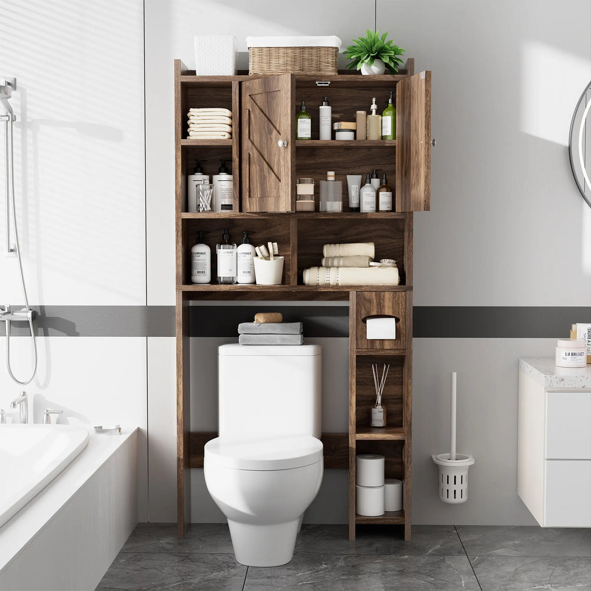 Walsunny Over-the-Toilet Storage Cabinet – Farmhouse Bathroom Organizer with Barn Doors