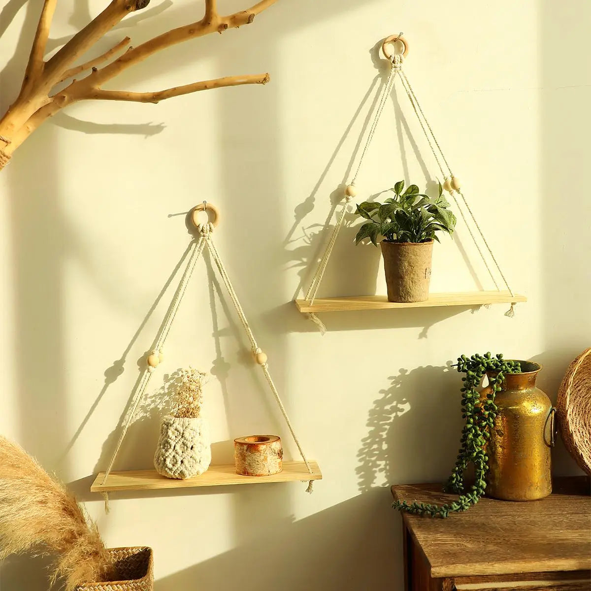 Bohemian Floating Wall Shelf – Handwoven Paper Towel Holder & Wooden Storage Rack