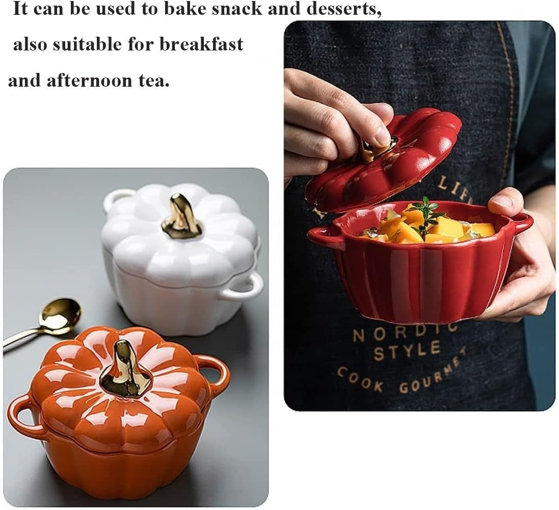 Pumpkin-Shaped Ceramic Dutch Oven – Mini Covered Casserole & Baking Dish with Lid, Orange