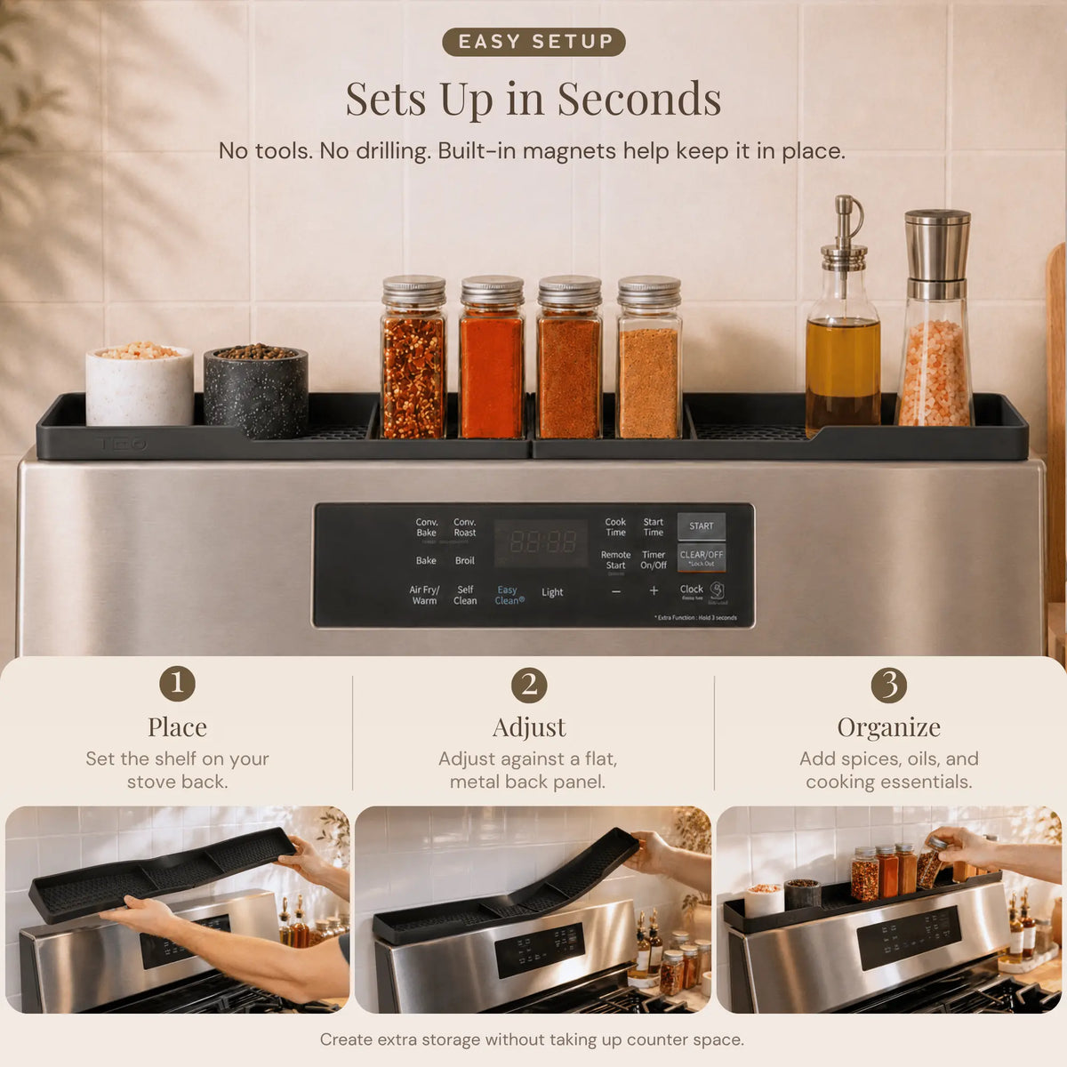 TEO 30" Silicone Magnetic Stove Top Shelf – Over-the-Stove Spice Rack & Kitchen Organizer