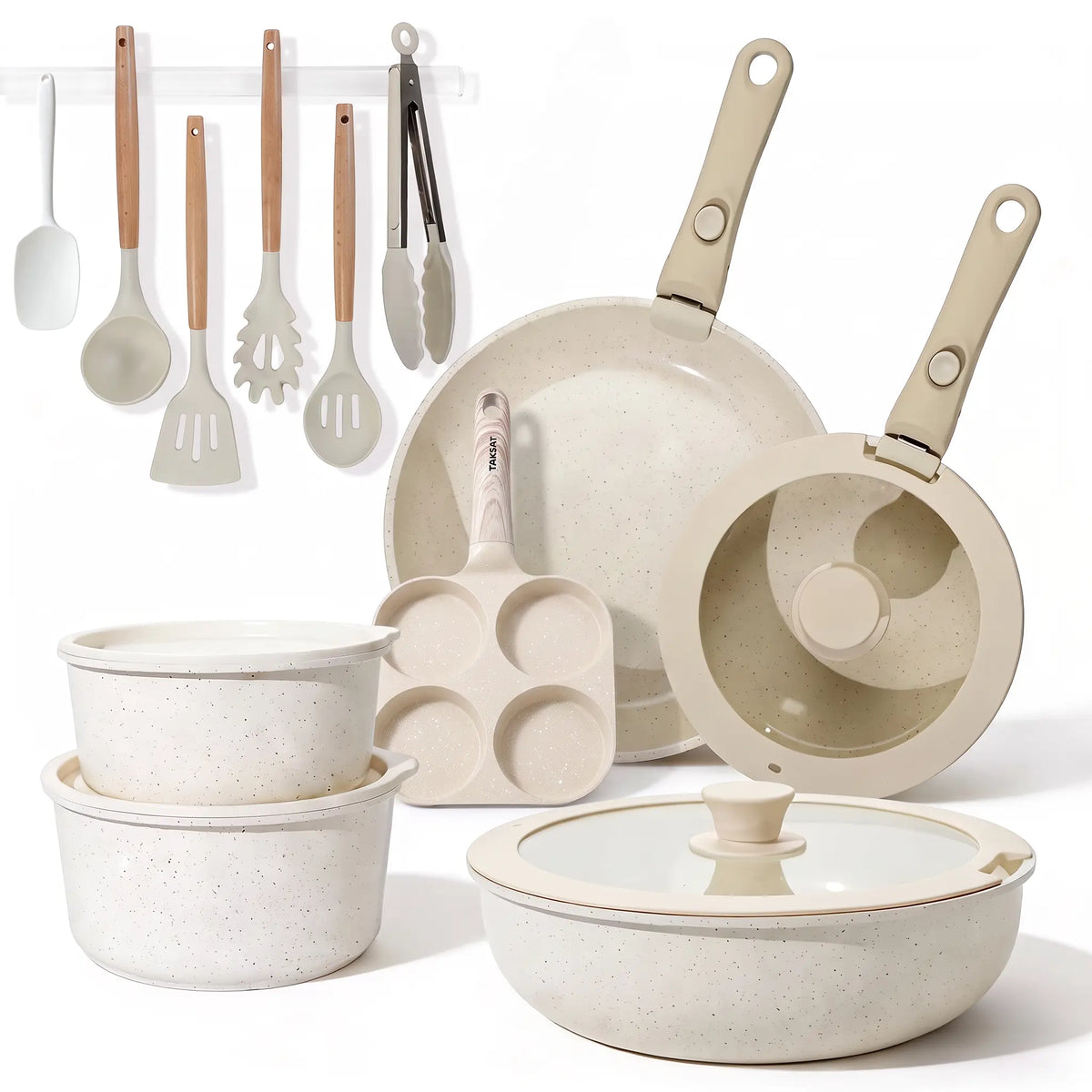 19-Piece Nonstick Cookware Set – Detachable Handle & 4-in-1 Multi-Use Pan